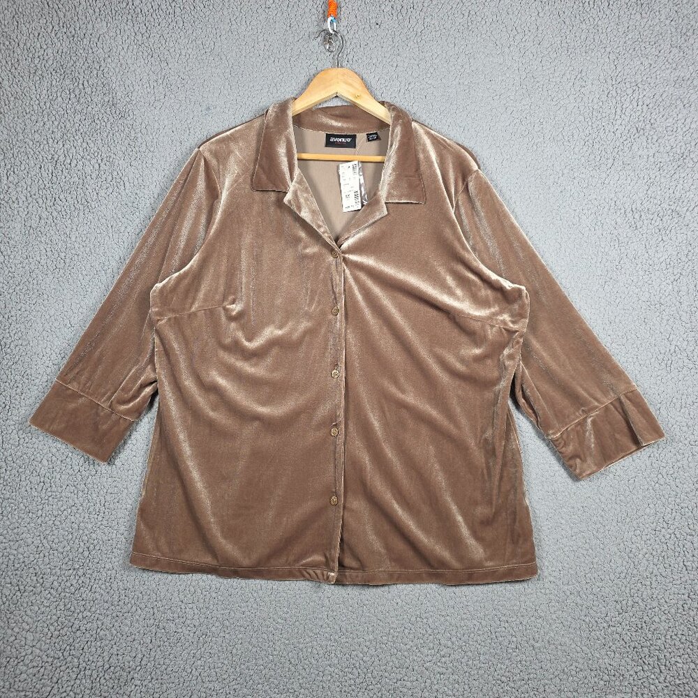 Avenue Shirt Womens Size 18/20 Nude Brown Velvet Stretch Button Down Camp Collar